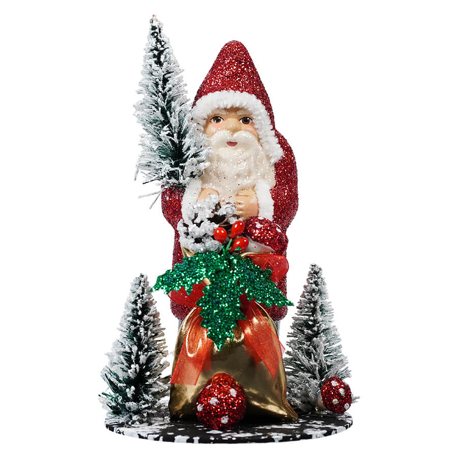 Ino Schaller Red Glitter Santa With Bag & Mushrooms