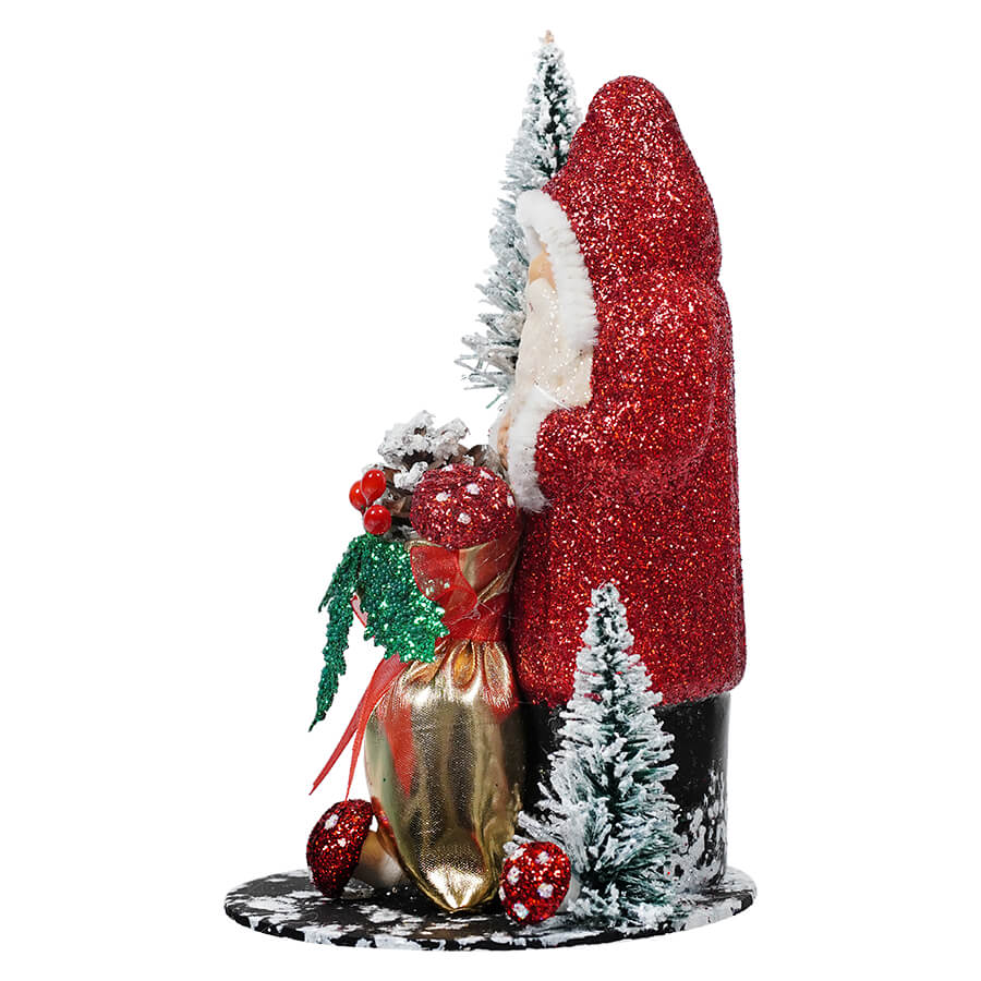 Ino Schaller Red Glitter Santa With Bag & Mushrooms
