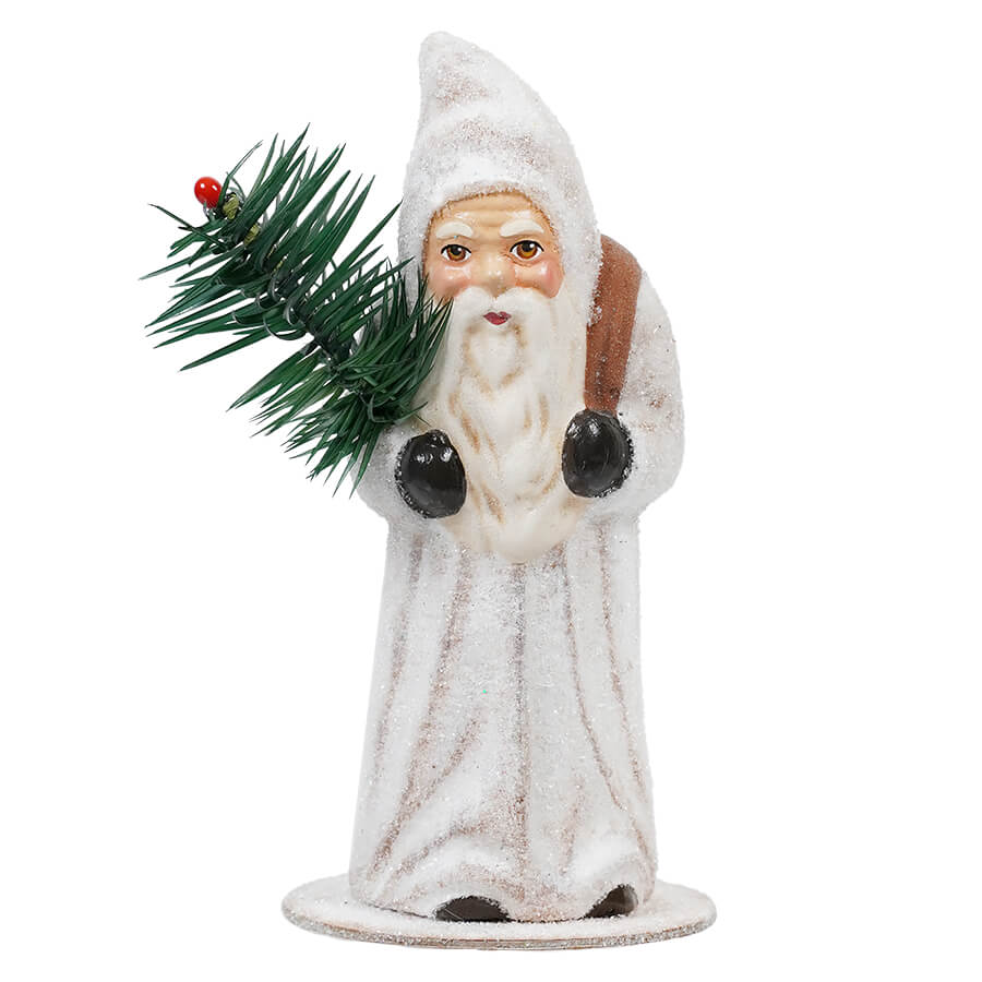 Ino Schaller White Glittered Santa Carrying Brown Bag & Holding Tree