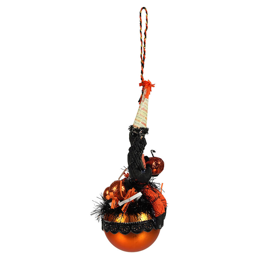 Black Cat Boy on Orange Ball Ornament