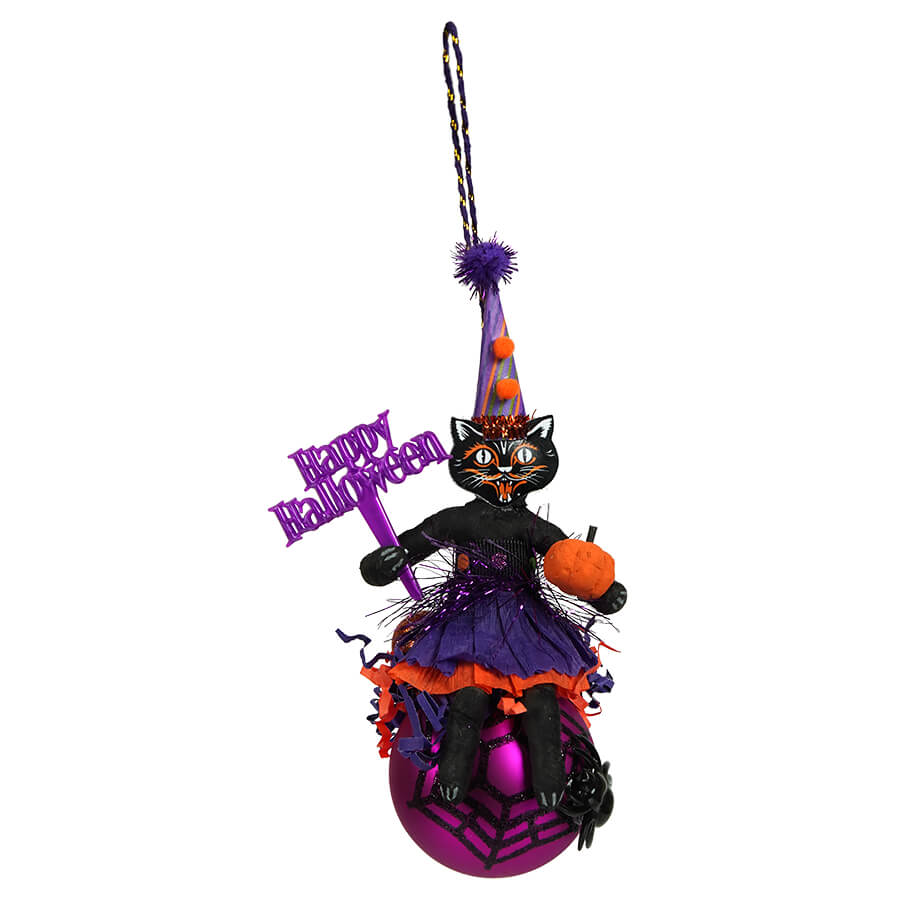 Black Cat Girl on Purple Spider Ball Ornament