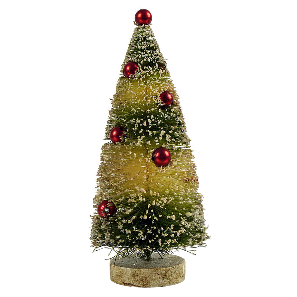 Small Green Striped Bottle Brush Tree with Red Ornaments