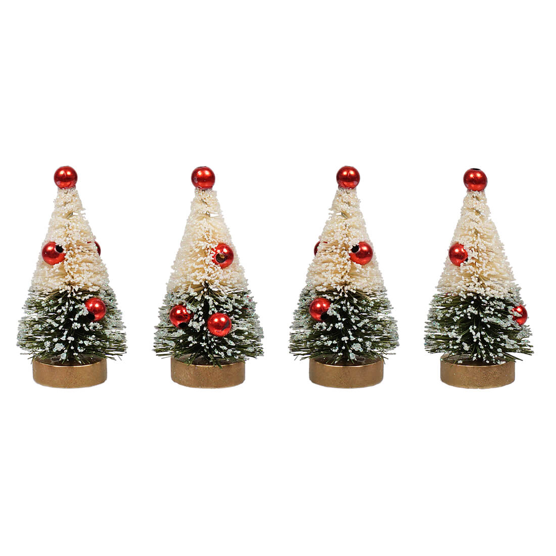 Green Striped Bottle Brush Trees With Red Beads Set/4