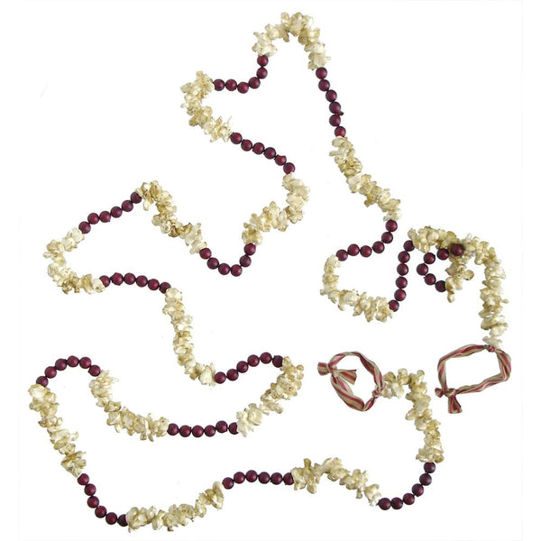 Faux Popcorn and Cranberry Bead Garland - (Set of 2) 1 Burgundy Bead Wood  Garland & 1 Artificial Popcorn with Cranberry Colored Beads Garland, can be