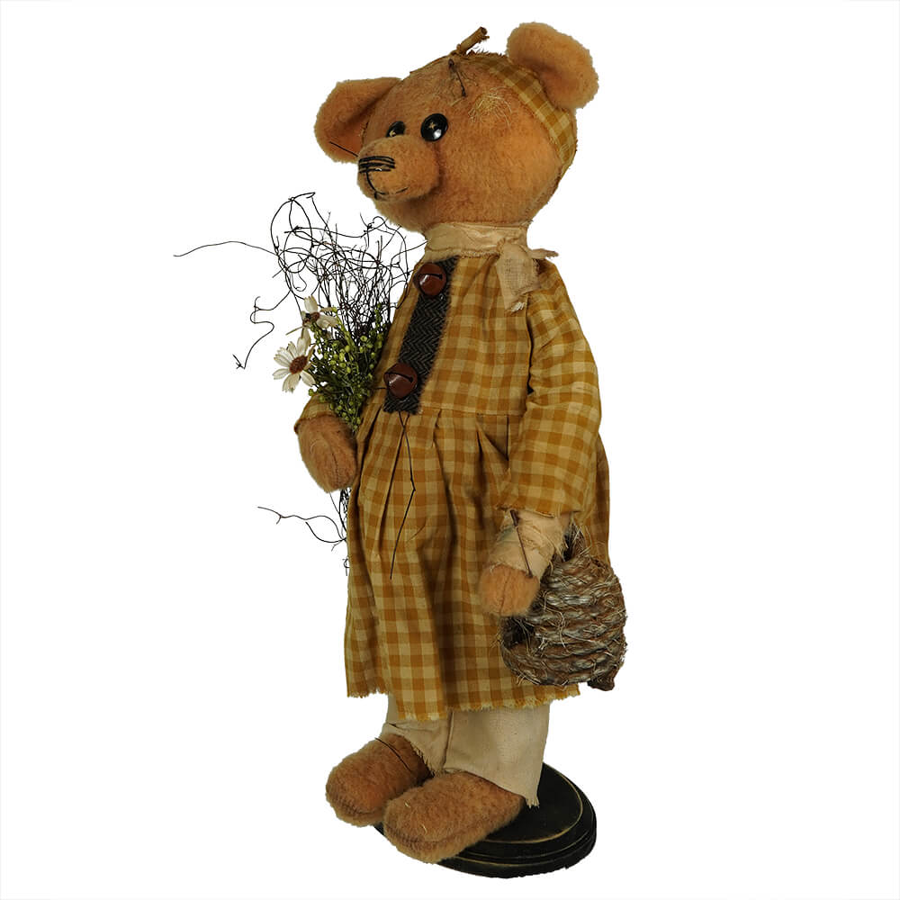 Claire Bear in Plaid Dress Holding Flowers & Beehive