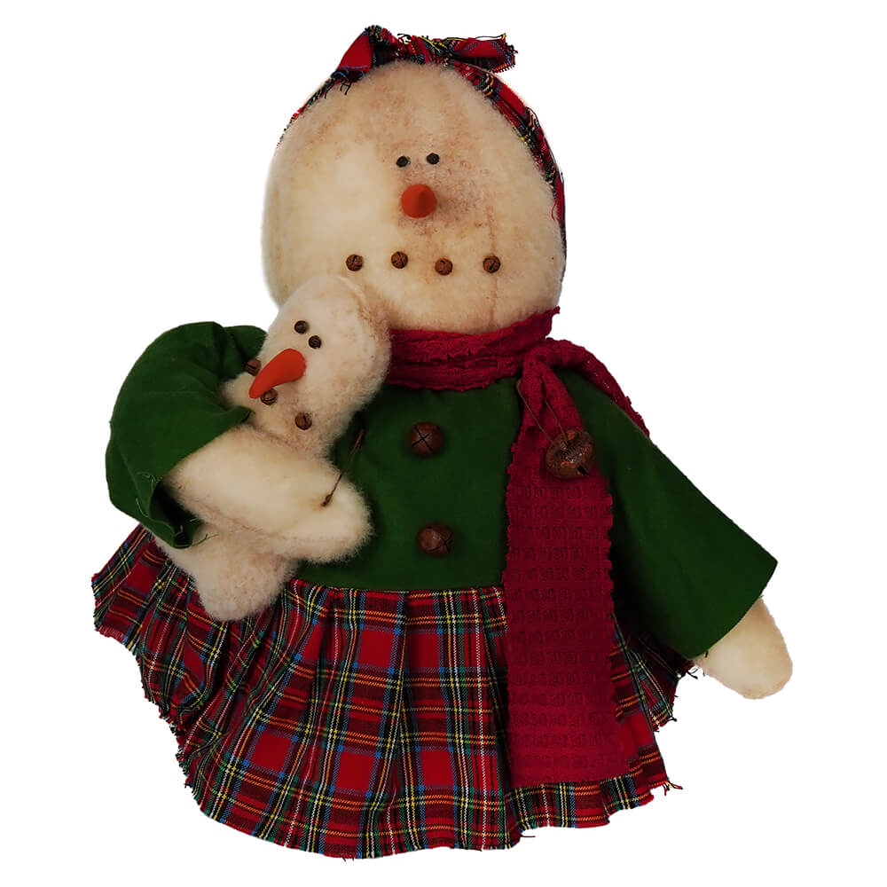 Snowgirl In Plaid Dress Holding Snowman Doll