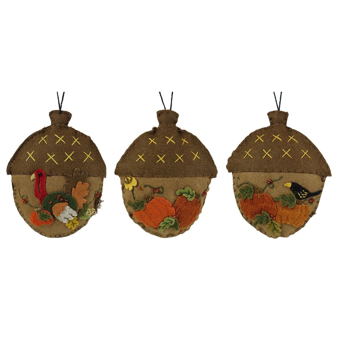 Fall Acorn Applique Ornaments Set/3