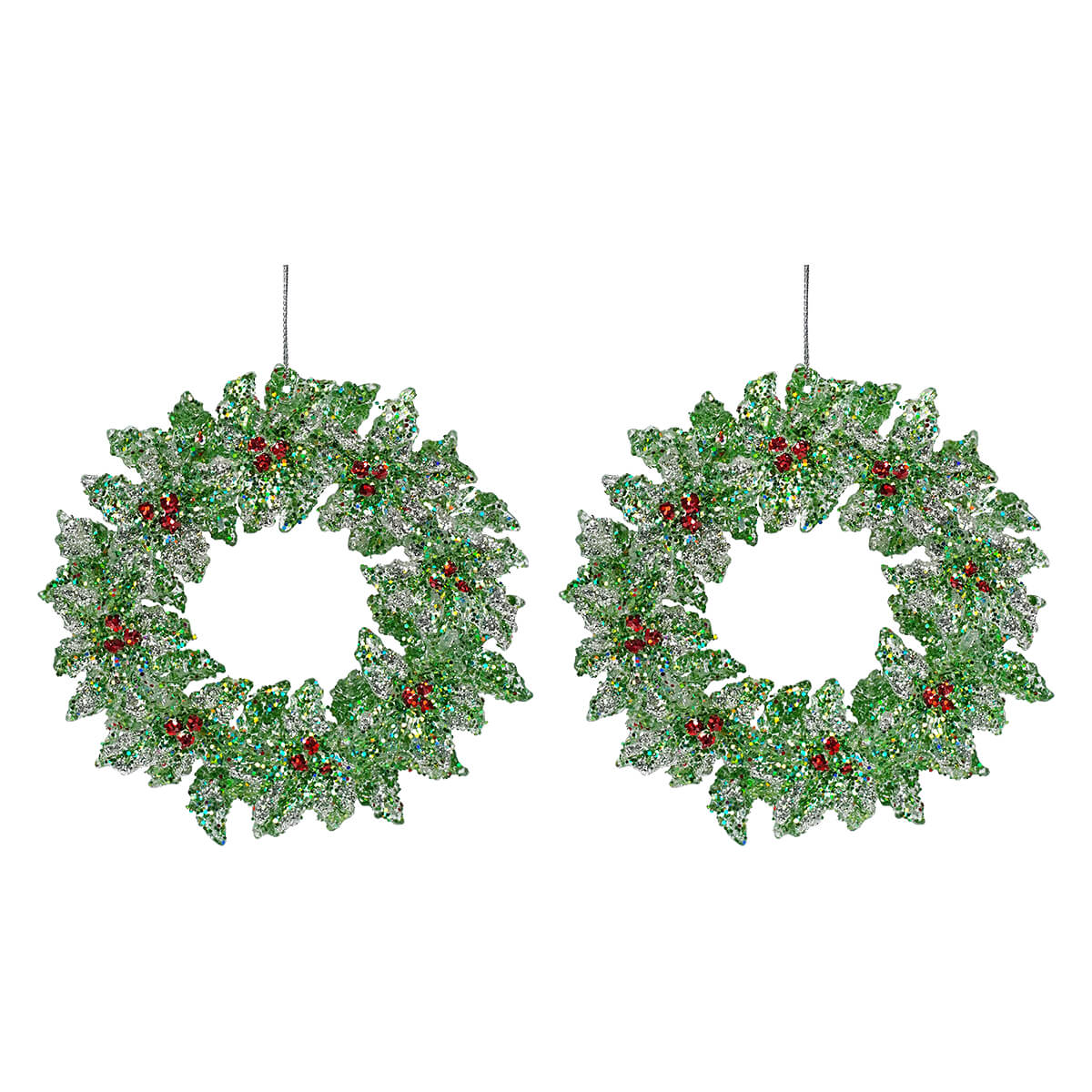 Glittered Holly Wreath Ornaments Set/2