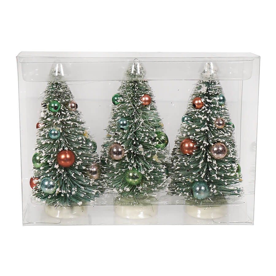 Box Of Bright Frosted Bottle Brush Trees Set/3
