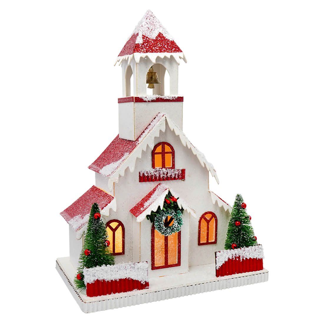 Snowy Glittered Red & White Lighted Chapel Church