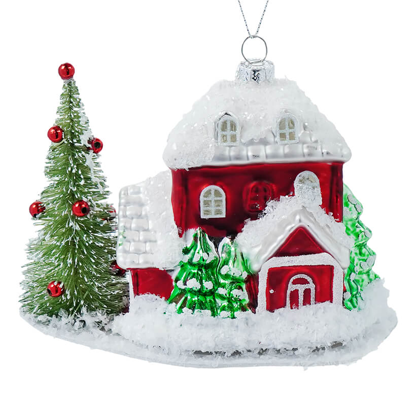 Red Holiday House With Decorated Tree Ornament