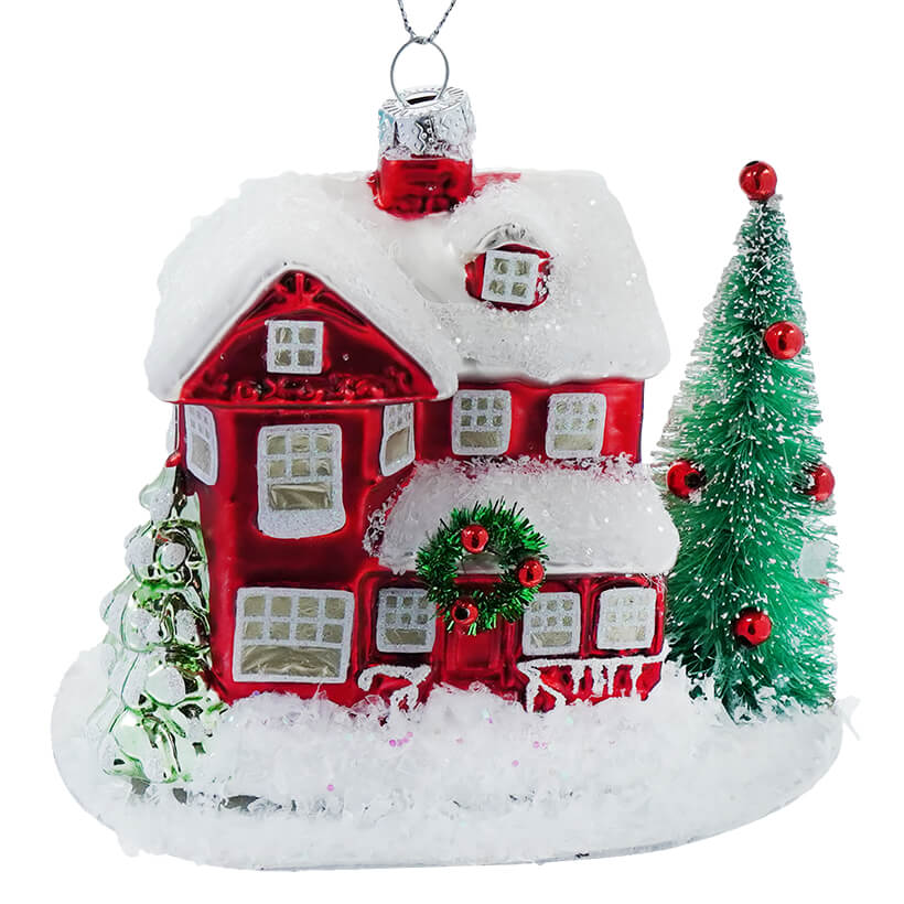 Red Holiday Manor With Decorated Tree Ornament