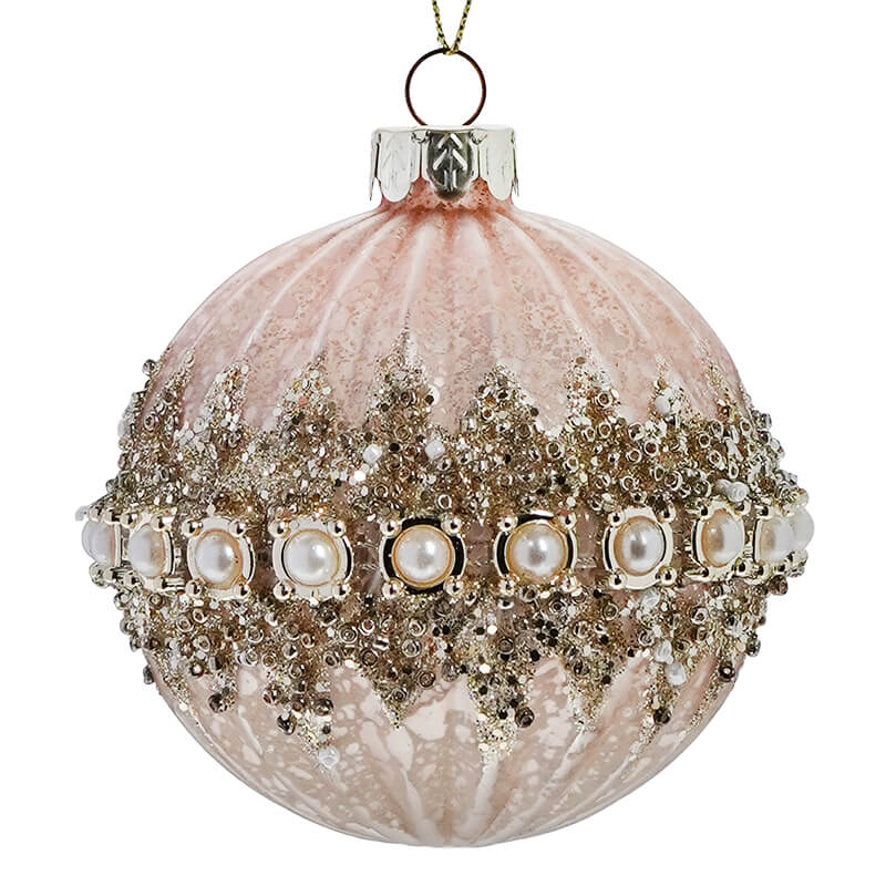 Round Beaded & Glittered Blush Ornament