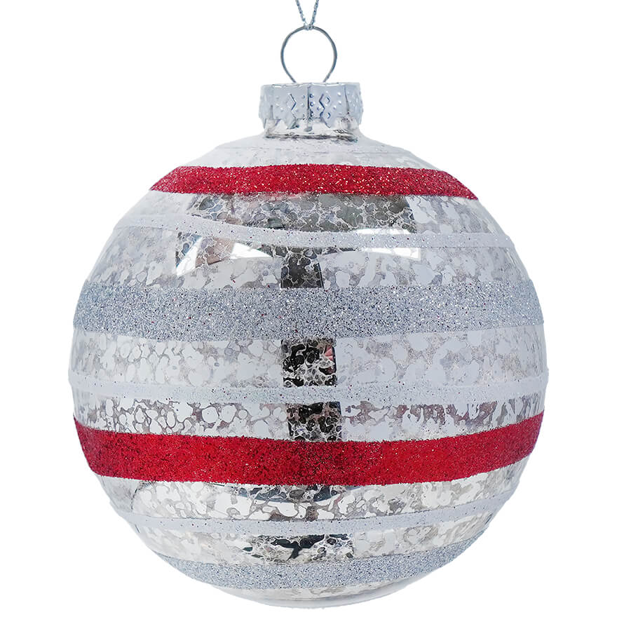 Round Red & Silver Striped Ornament