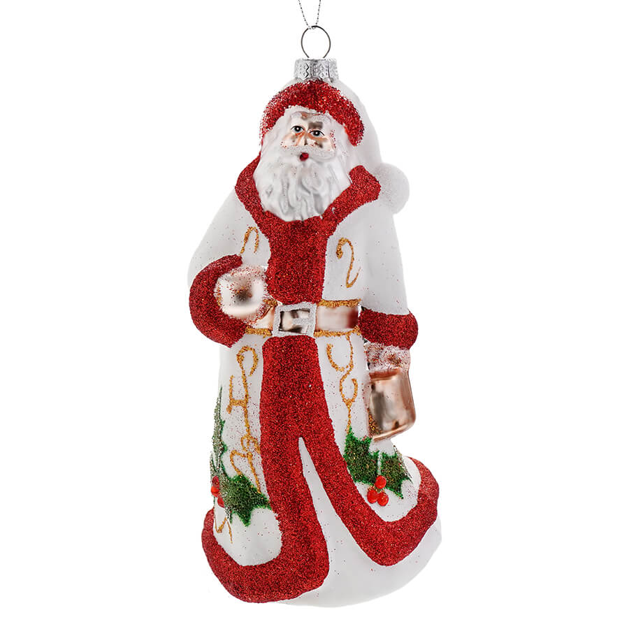 Glittered Red & White Holly Santa Ornament
