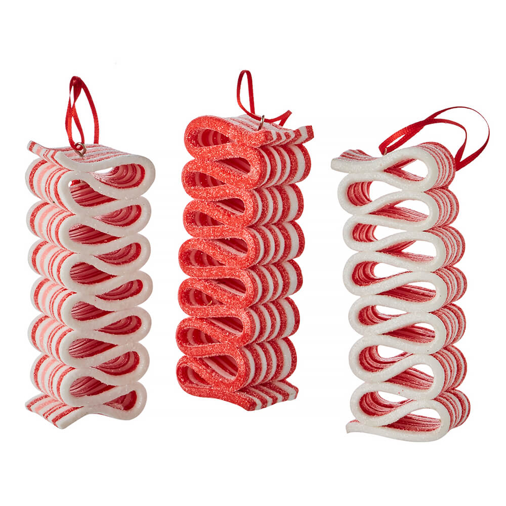 Red & White Ribbon Candy Ornaments Set/3
