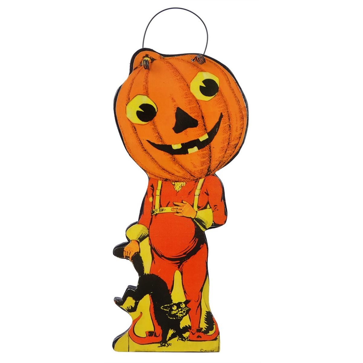 Pumpkin Man in Suspenders with Cat Hanger