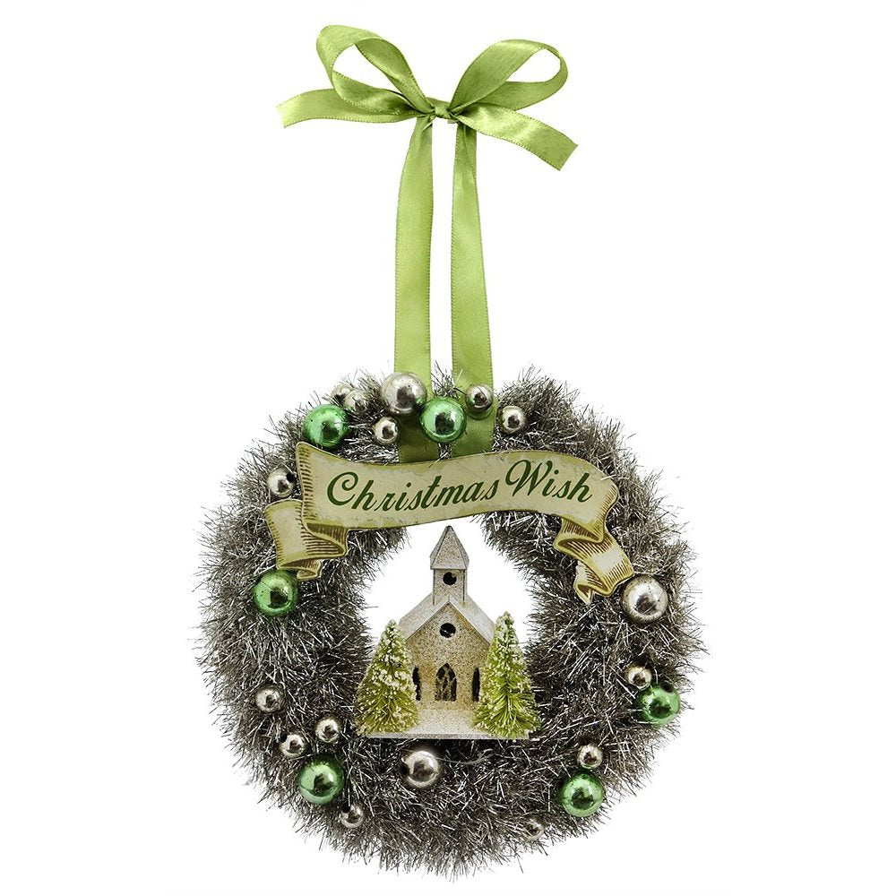Green Tinsel Wreath With Church Ornament