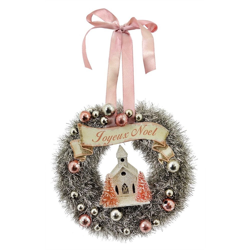 Pink Tinsel Wreath With Church Ornament