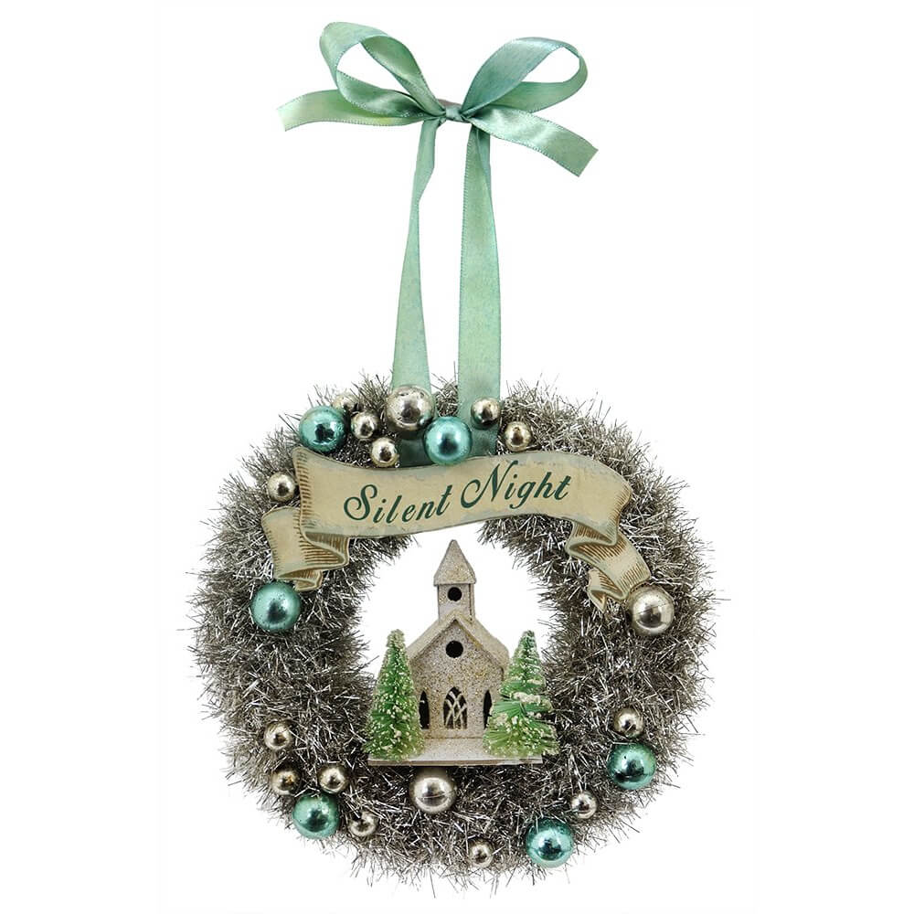 Turquoise Tinsel Wreath with Church Ornament