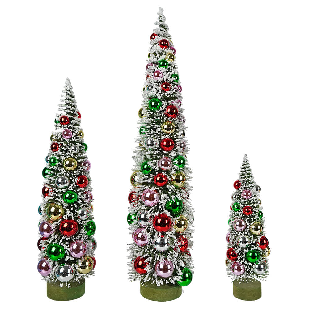 Frosted Holiday Bottle Brush Trees With Ornaments Set/3
