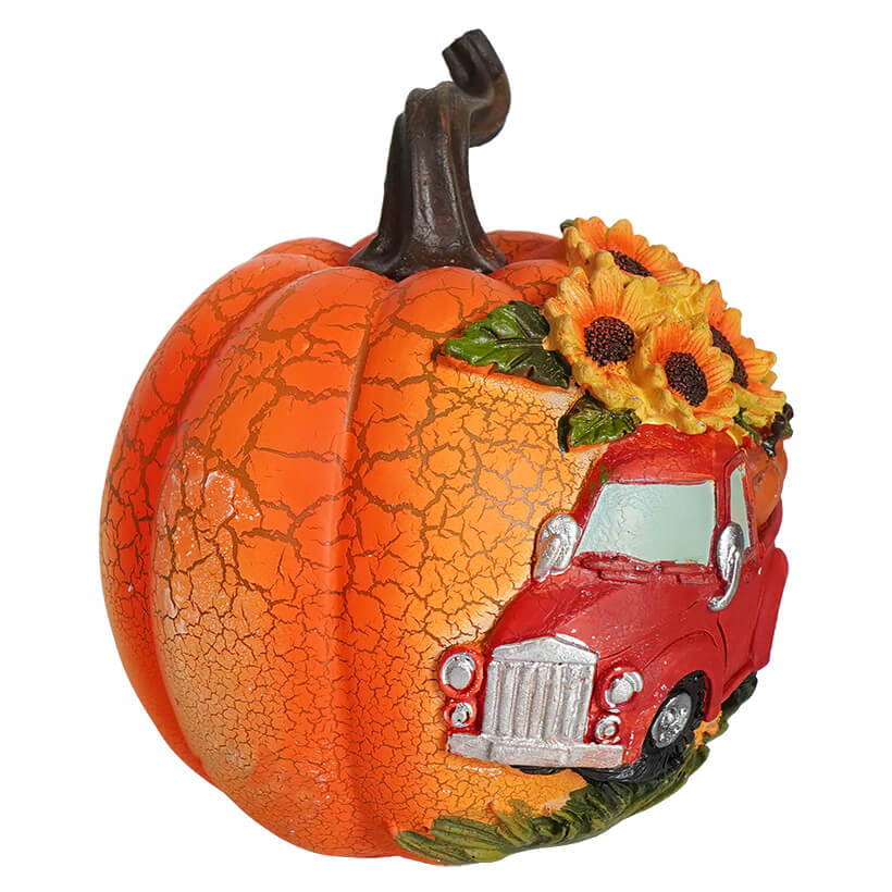 Orange Harvest Pumpkin With Red Truck & Sunflowers