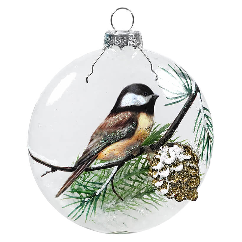Chickadee In Woodland Scene Glass Ornament