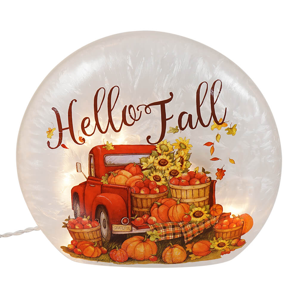 Lighted Hello Fall Frosted Glass Harvest Luminary