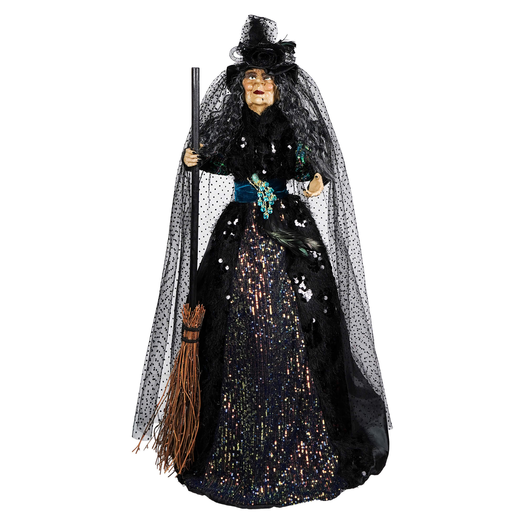 Polyester Peacock Halloween Witch Holding Broom