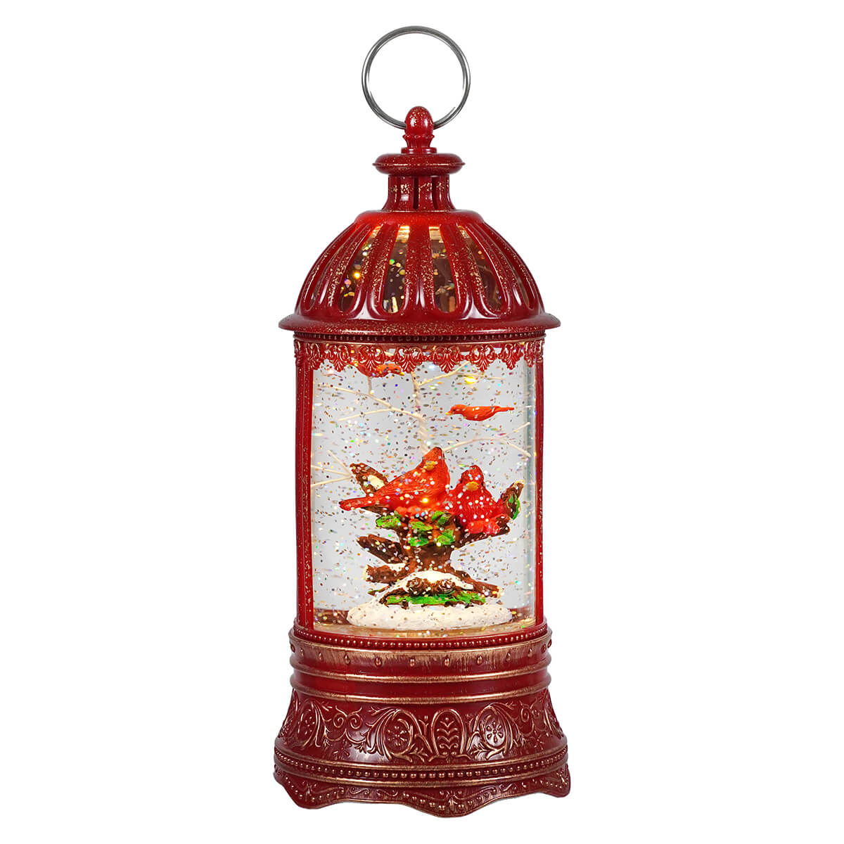 Lighted Musical Spinning Cardinals & Holly Water Globe Lantern
