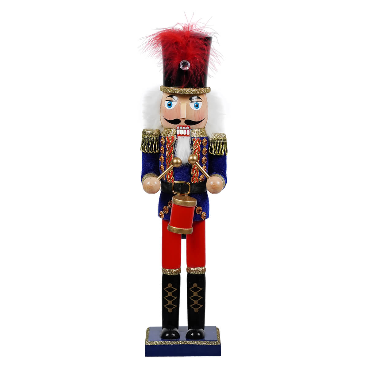 Traditional Red & Blue Drummer Nutcracker With Feathered Hat
