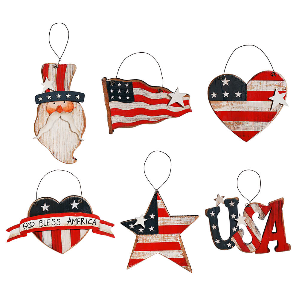 Wood Americana Ornaments Set/6