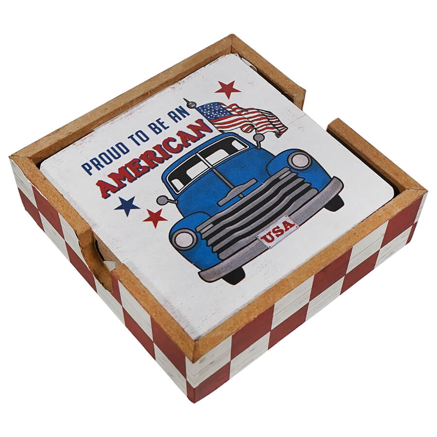 Wood Americana Truck Coasters In Wood Tray Set/4