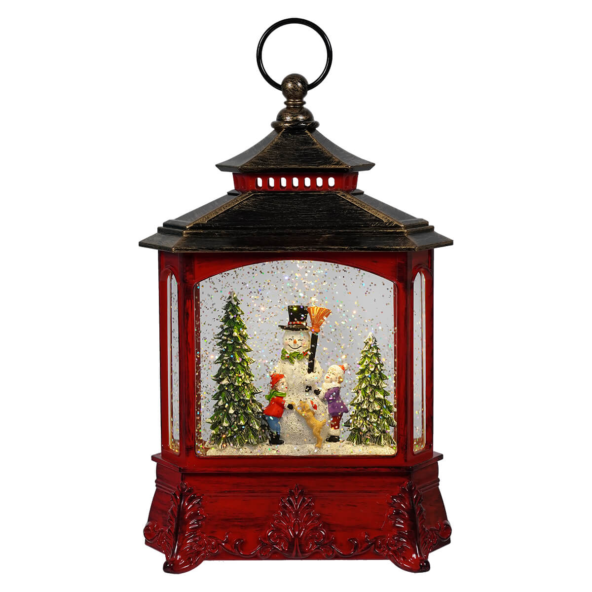 Lighted Red Holiday Snowman Scene Spinning Water Globe Lantern