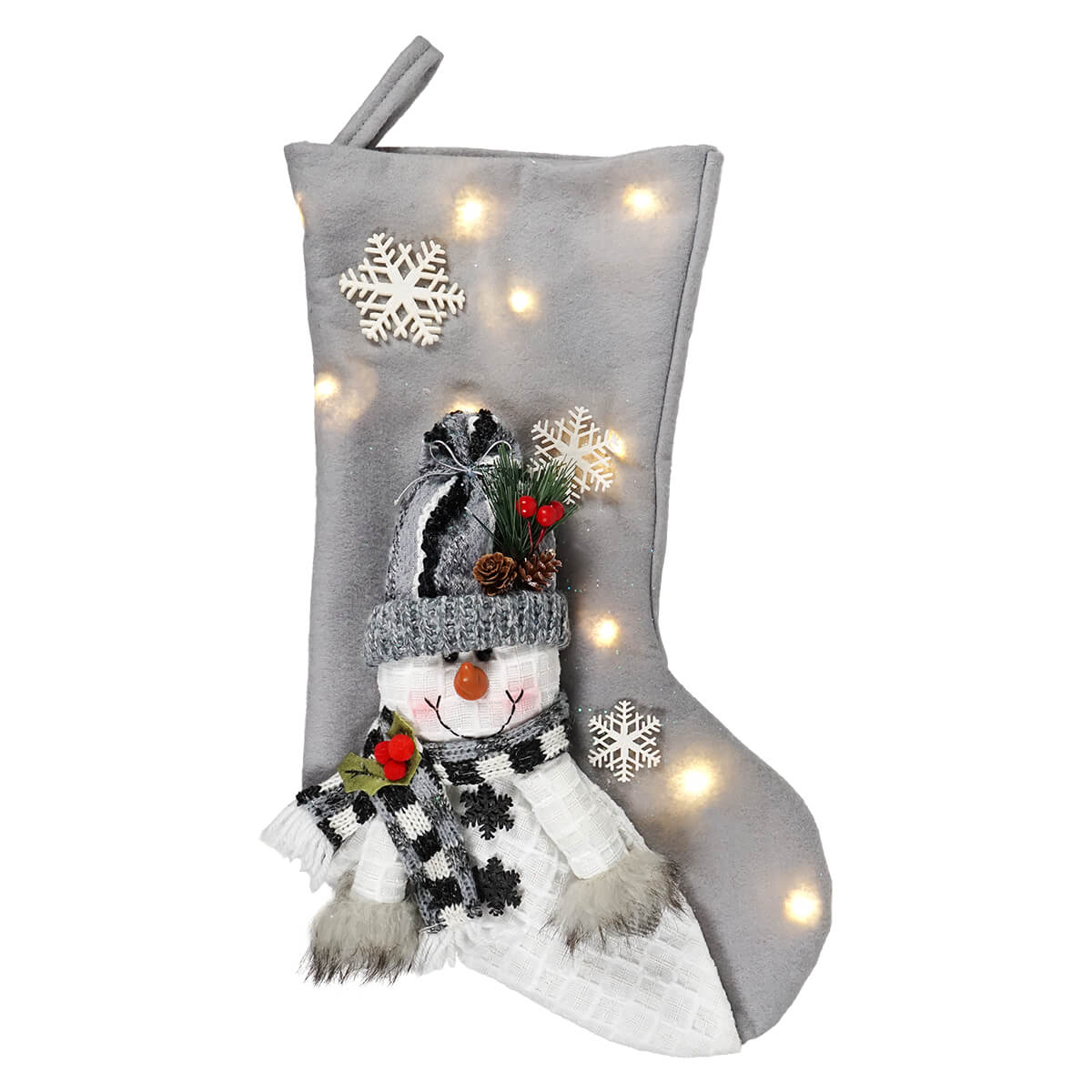 Lighted Fabric Snowman in Scarf Snowflake Stocking