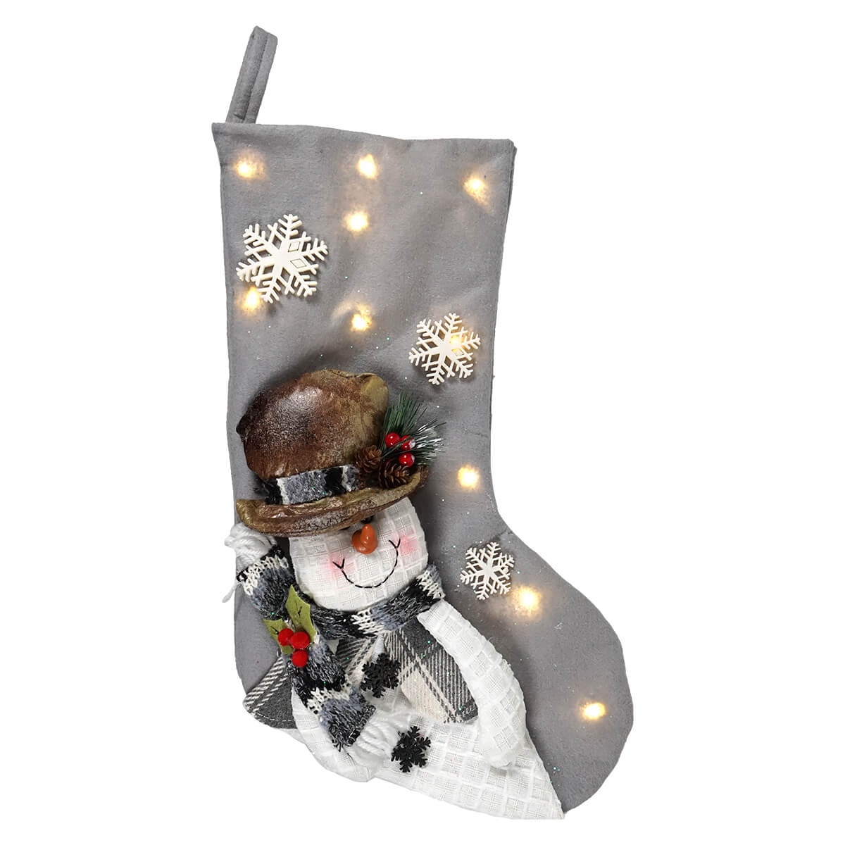 Lighted Fabric Snowman in Top Hat Snowflake Stocking