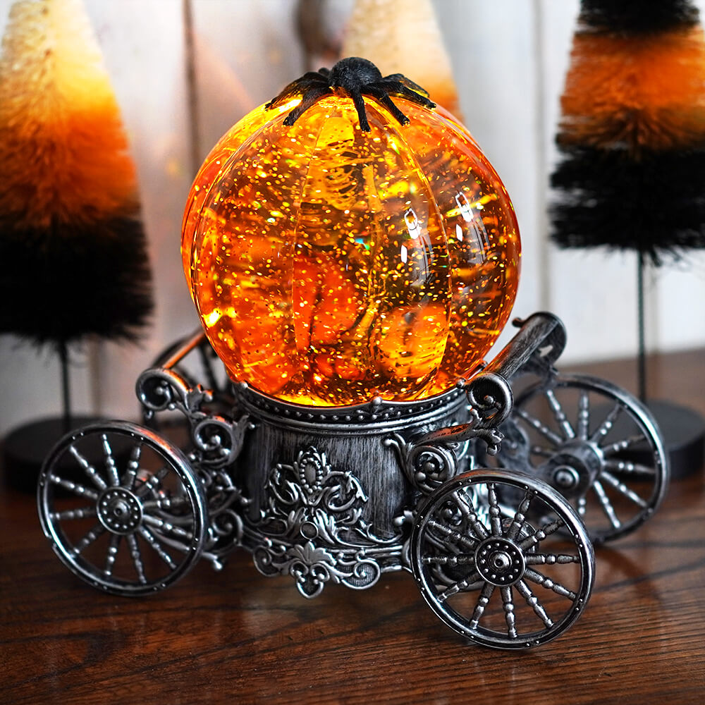Lighted Halloween Skeleton & Black Cat Spinning Water Globe Carriage
