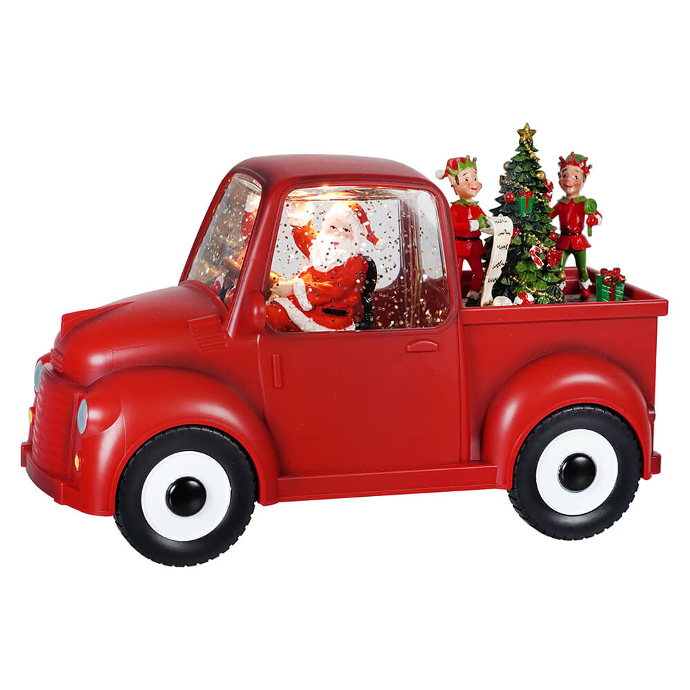 Lighted Holiday Santa & Elves Red Truck Spinning Water Globe