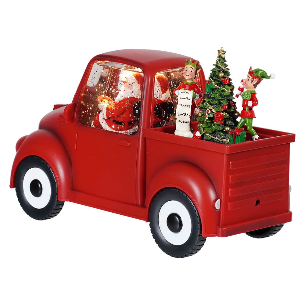 Lighted Holiday Santa & Elves Red Truck Spinning Water Globe