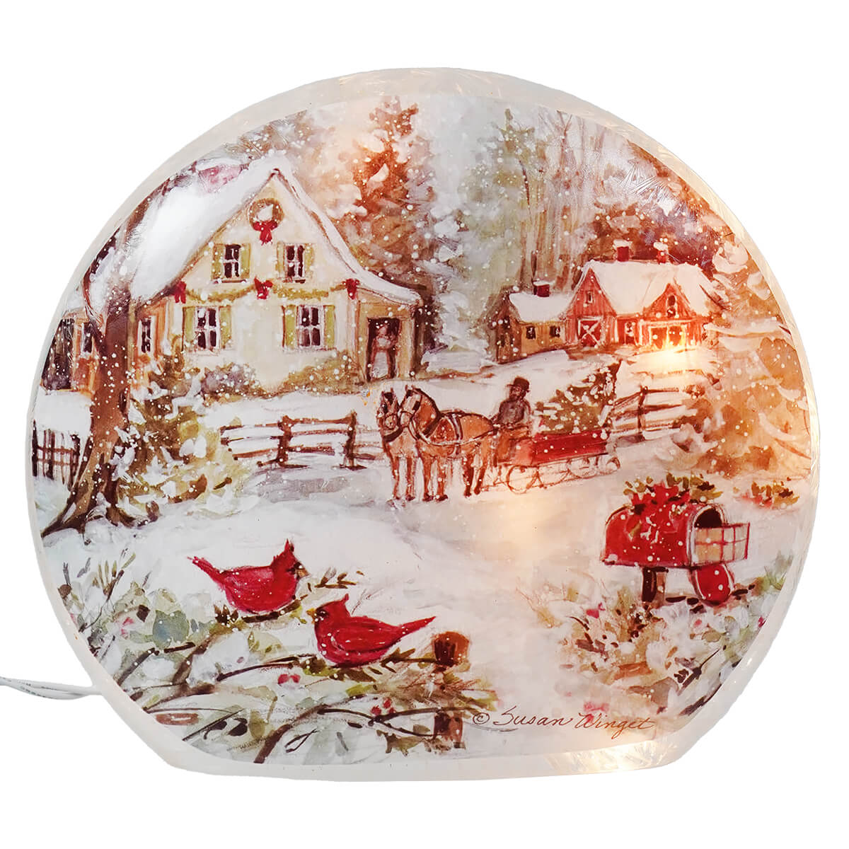 Lighted Frosted Glass Cardinals & Sleigh Winter Scene Luminary