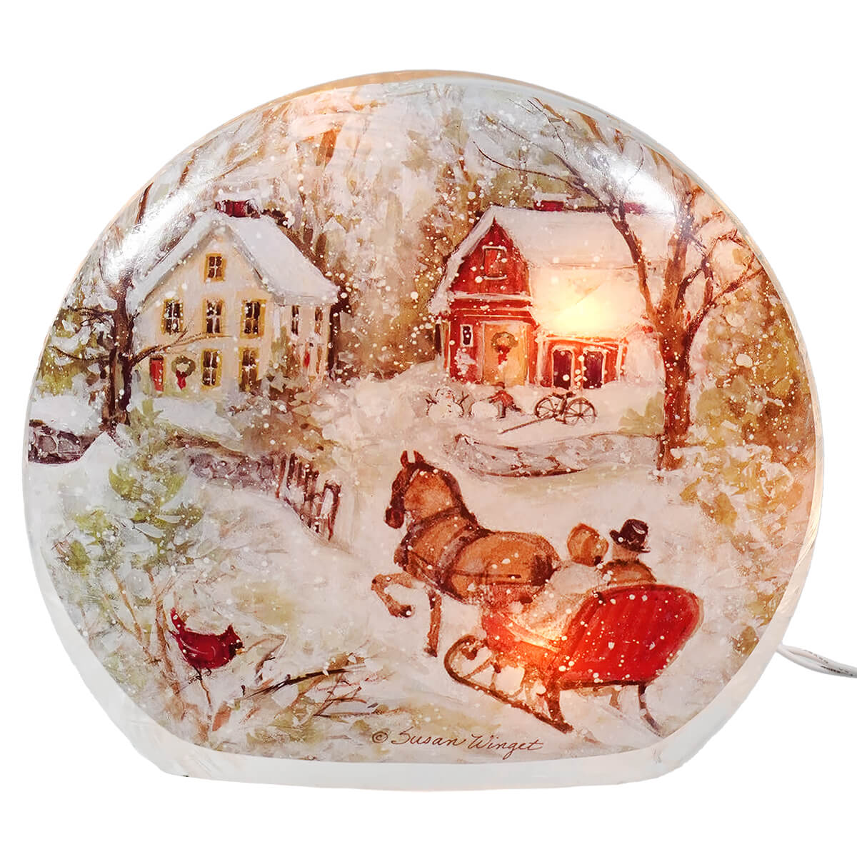Lighted Frosted Glass Horse & Sleigh Winter Scene Luminary