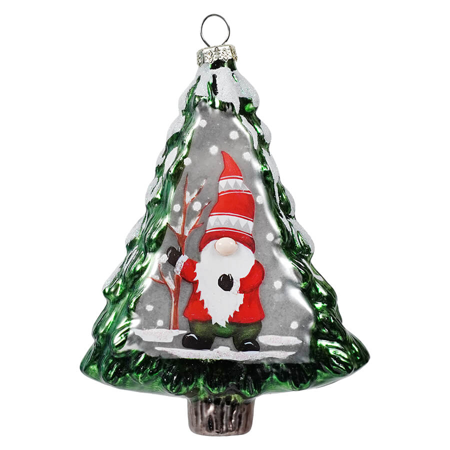 Gnome Winter Scene Glass Christmas Tree Shaped Ornament