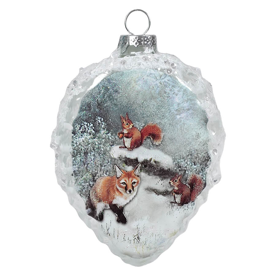 Half Pine Cone Shaped Fox & Squirrel Winter Scene Glass Ornament