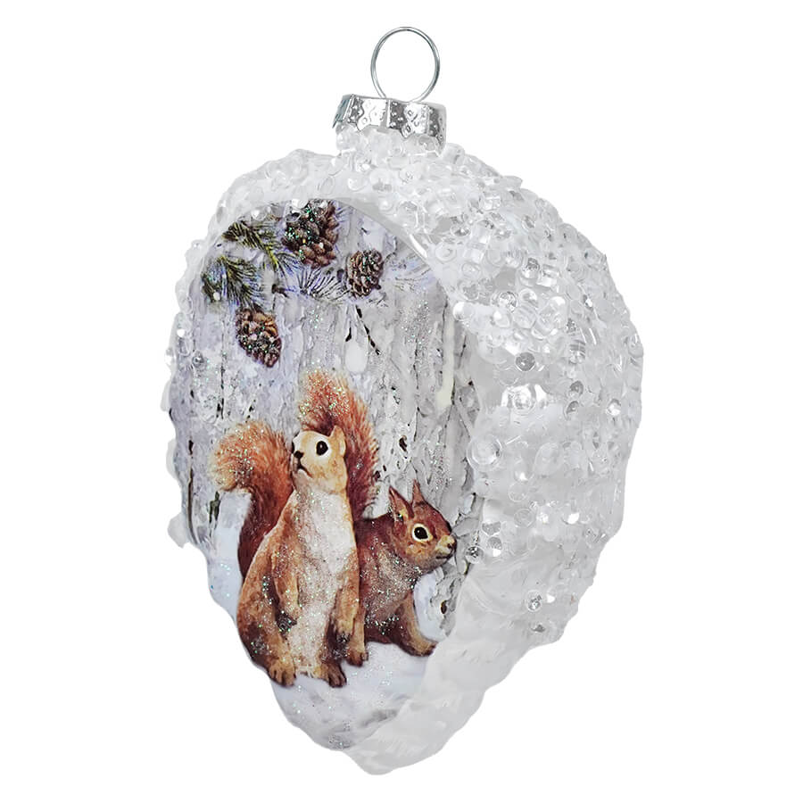 Half Pine Cone Shaped Squirrel Winter Scene Glass Ornament