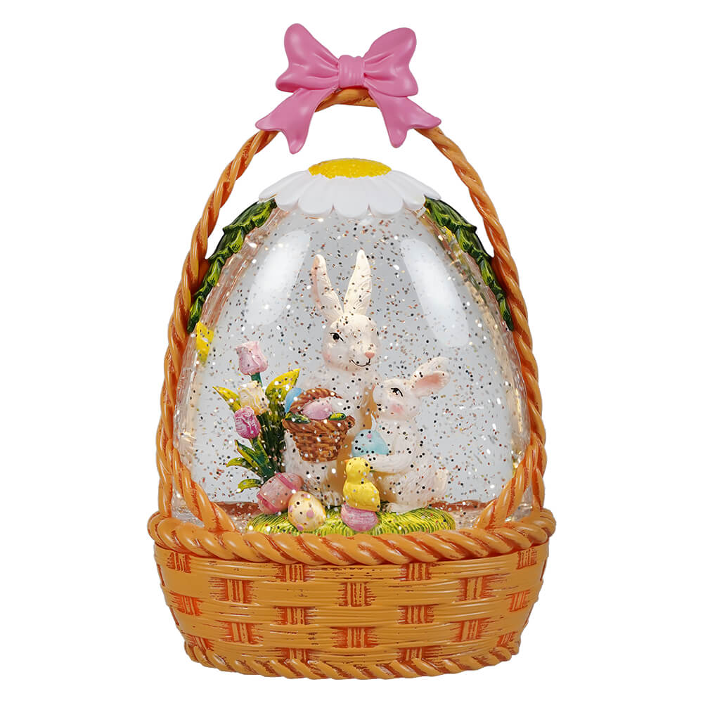 Lighted Spinning Easter Bunnies Basket Water Globe