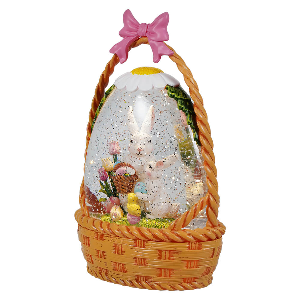 Lighted Spinning Easter Bunnies Basket Water Globe