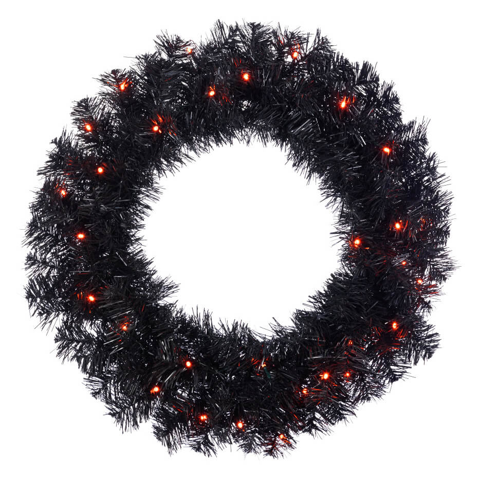 Black Halloween Lighted Wreath With Orange Lights