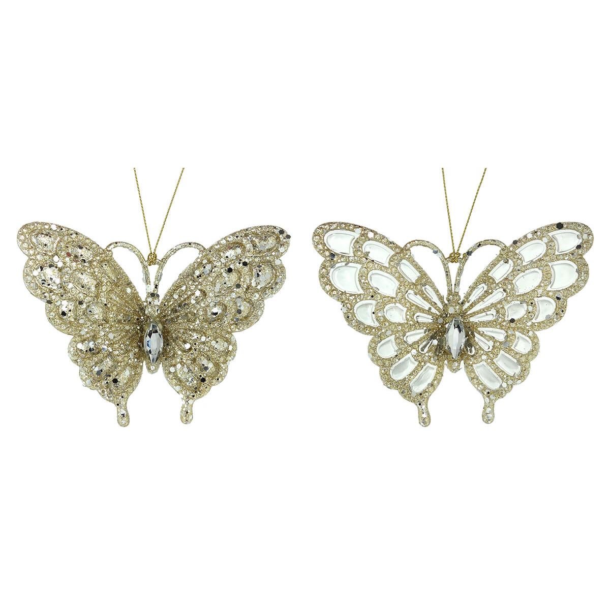 Glittery Platinum Butterfly Ornaments Set/2