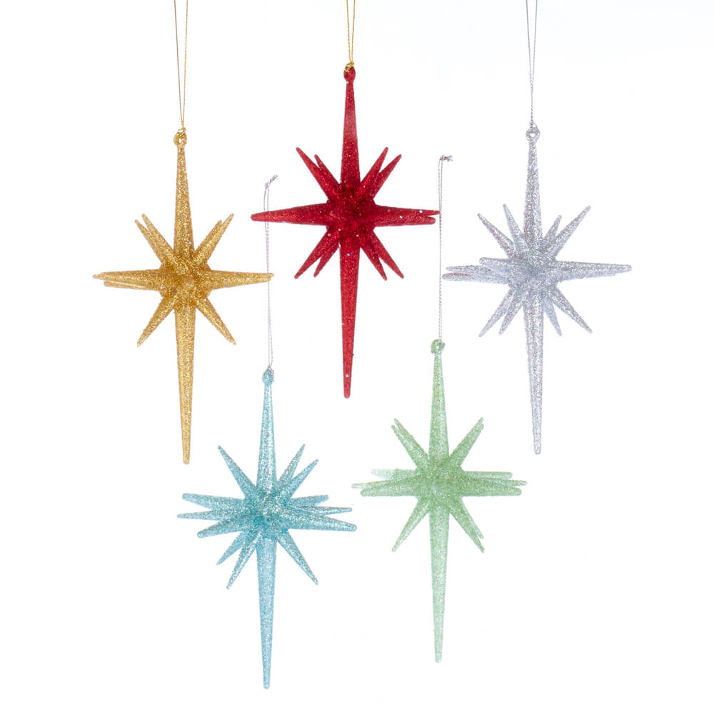 Mid-Century Glitter Starburst Ornaments Set/5