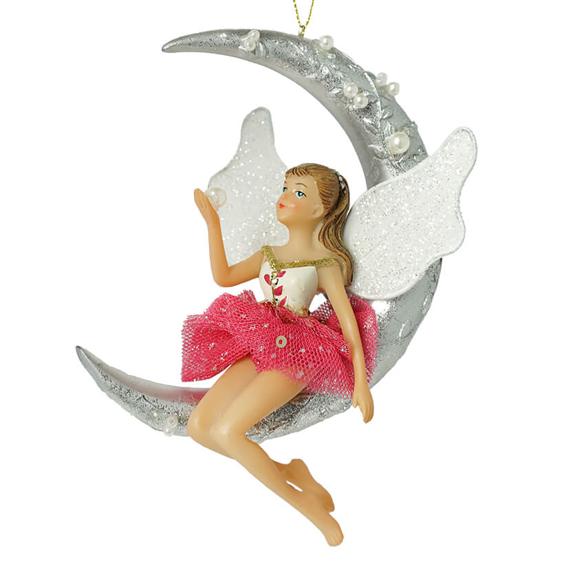 Pink Fairy Sitting On Moon Ornament
